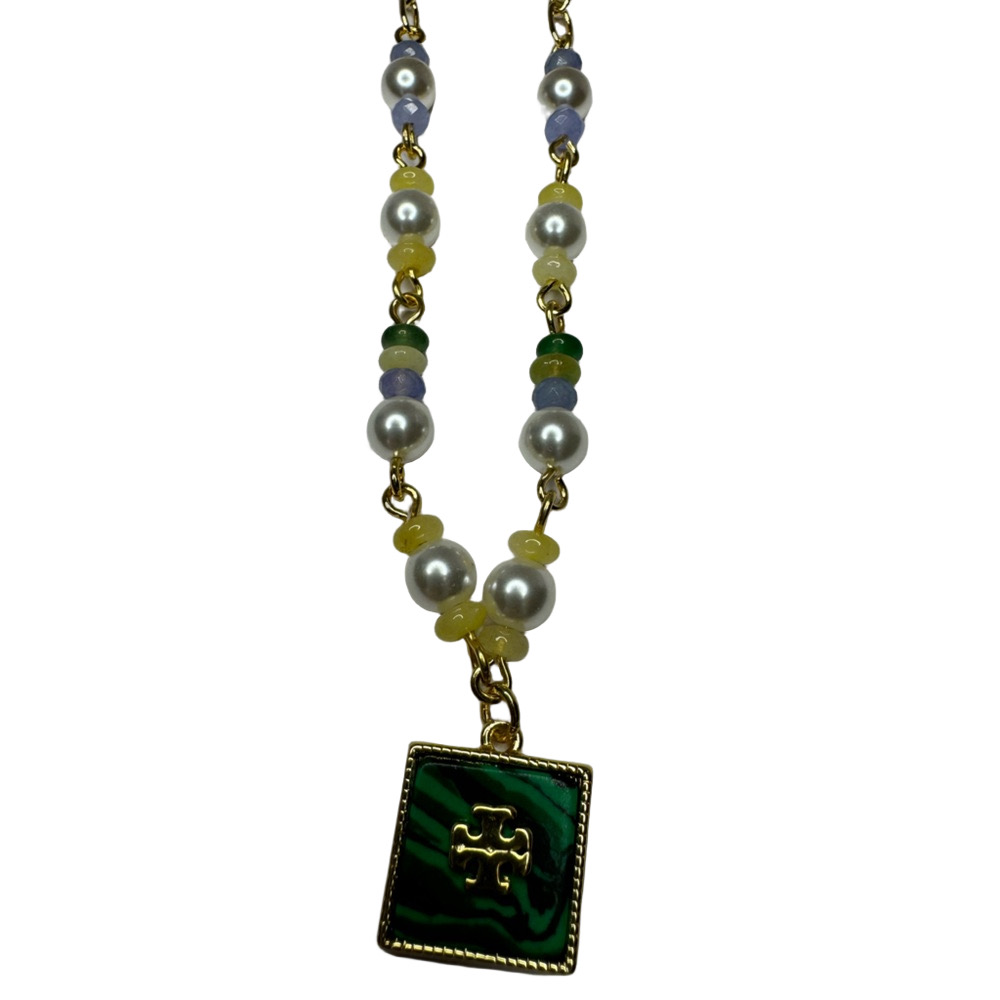 Tory Burch New Green Square Logo Pendant Beaded Pearl Gold-Toned Necklace